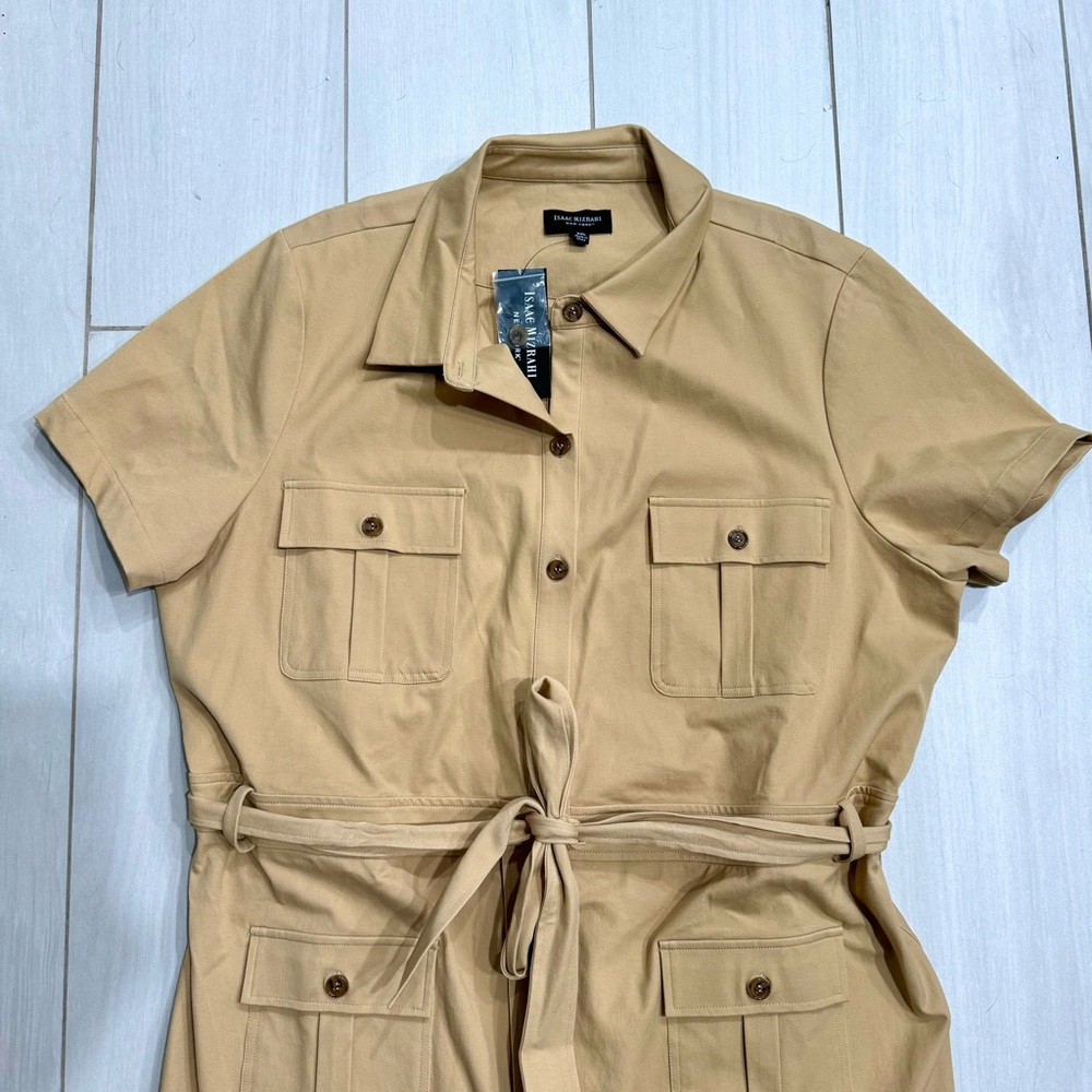 Isaac Mizrahi Preppy Utility Safari Tie Belt Mini Shirtdress NWT XXL Khaki - Picture 6 of 8